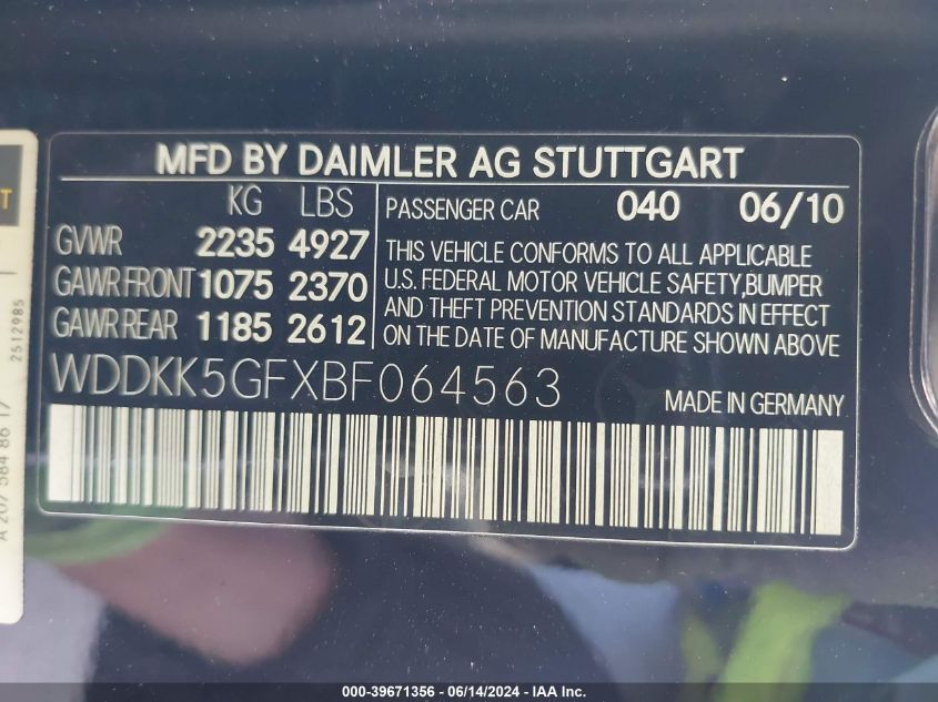 2011 Mercedes-Benz E 350 VIN: WDDKK5GFXBF064563 Lot: 39671356