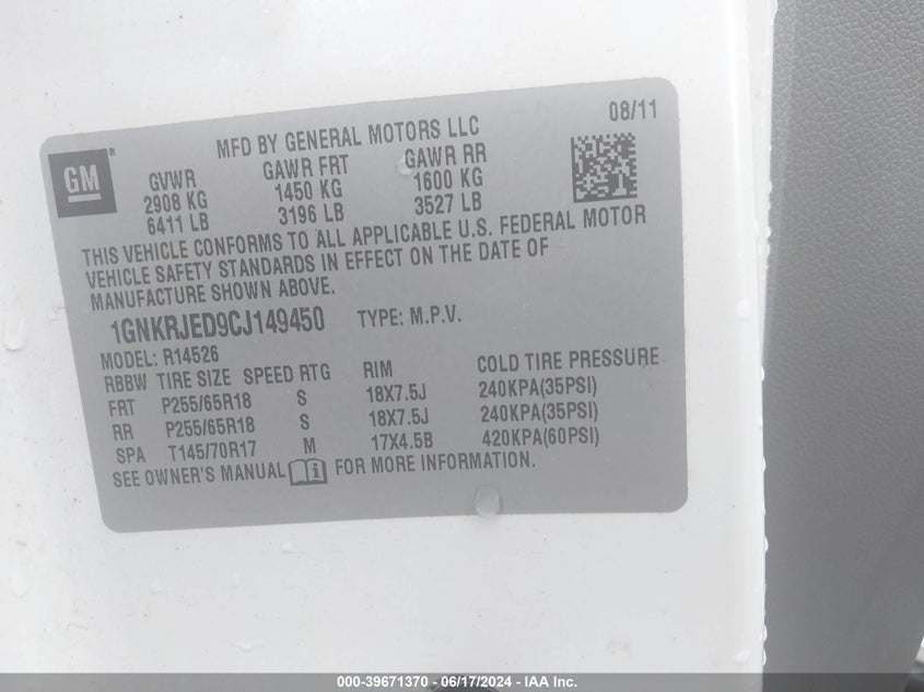 2012 Chevrolet Traverse 2Lt VIN: 1GNKRJED9CJ149450 Lot: 39671370