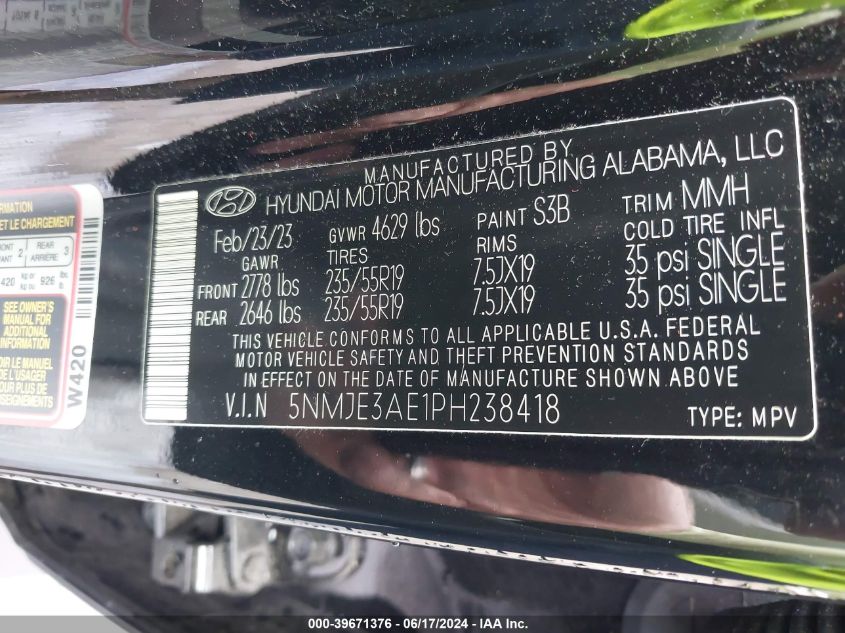 5NMJE3AE1PH238418 2023 Hyundai Tucson Limited