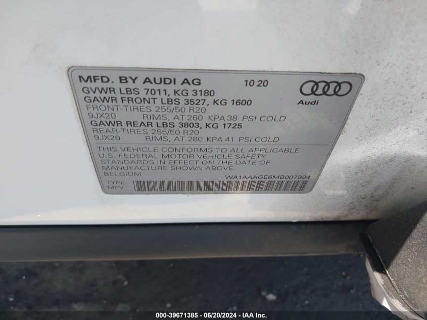 2021 Audi E-Tron Premium Quattro VIN: WA1AAAGE6MB007984 Lot: 39671385