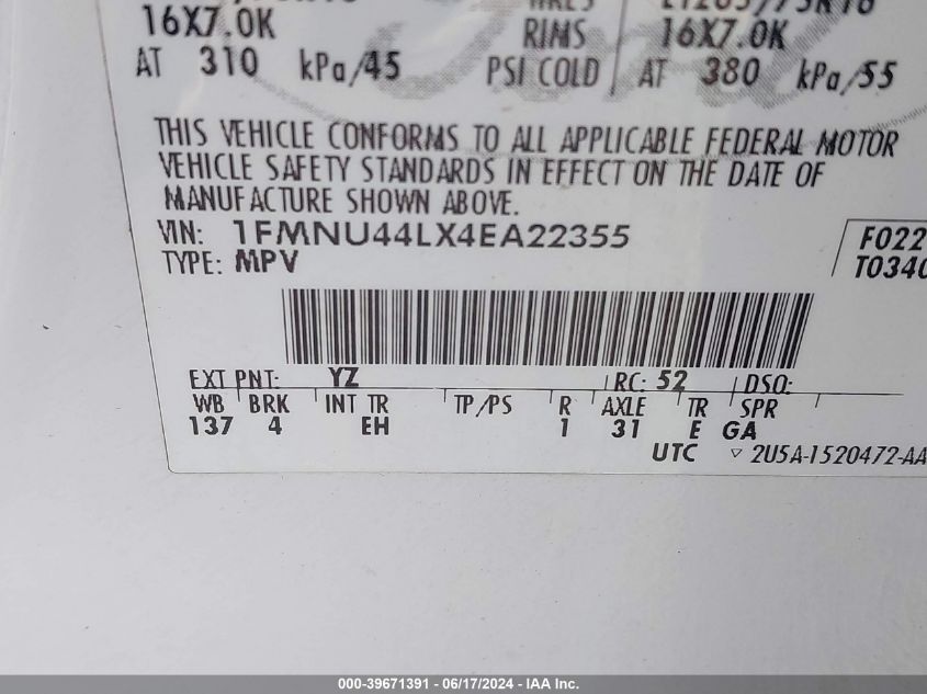 2004 Ford Excursion Eddie Bauer VIN: 1FMNU44LX4EA22355 Lot: 39671391