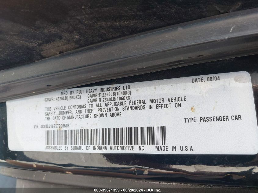 2005 Subaru Legacy 2.5I VIN: 4S3BL616757206503 Lot: 39671399