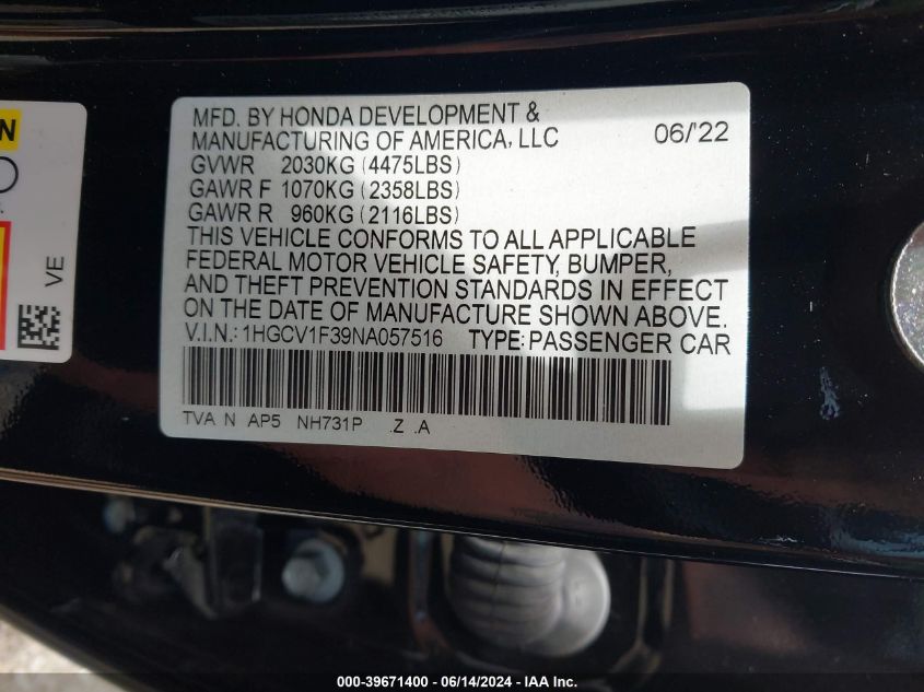 1HGCV1F39NA057516 | 2022 HONDA ACCORD