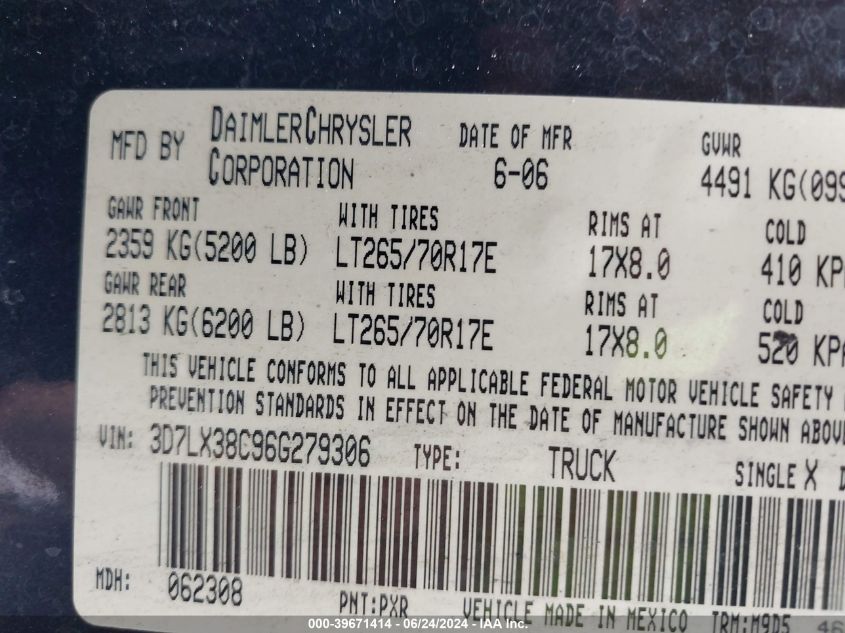 2006 Dodge Ram 3500 Slt/Trx4 Off Road/Sport VIN: 3D7LX38C96G279306 Lot: 39671414