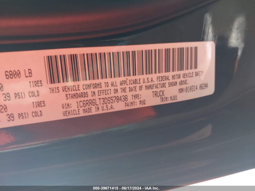 2013 Ram 1500 Big Horn VIN: 1C6RR6LT3DS578438 Lot: 39671415