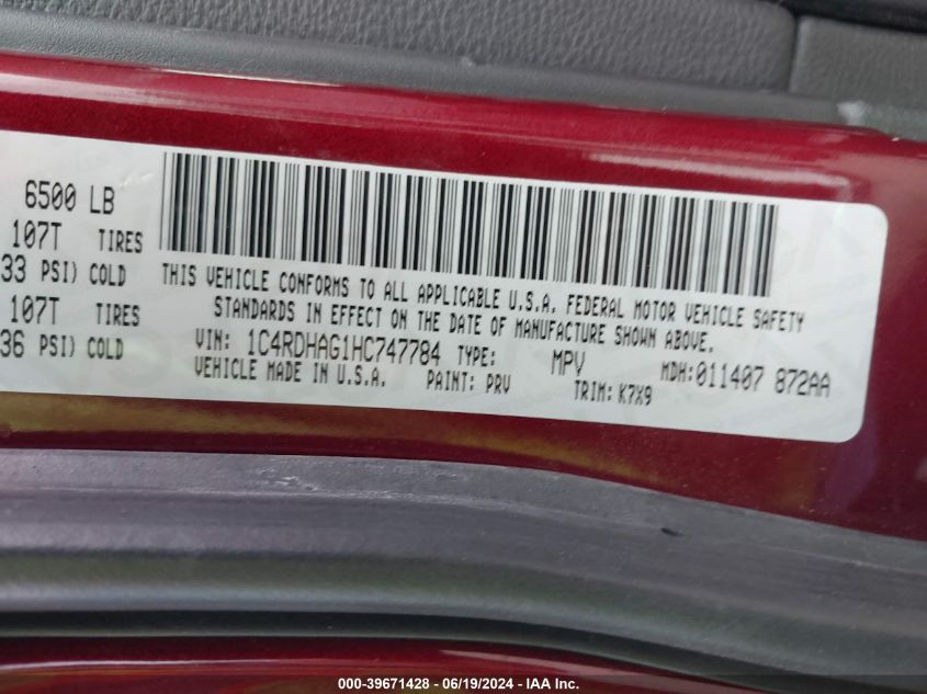 2017 Dodge Durango Sxt Rwd VIN: 1C4RDHAG1HC747784 Lot: 39671428