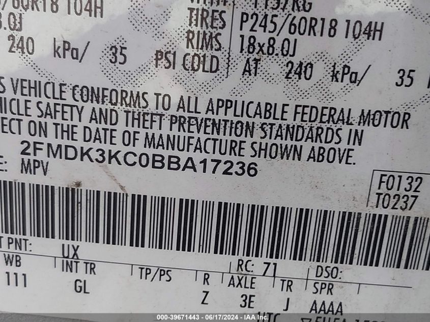 2011 Ford Edge Limited VIN: 2FMDK3KC0BBA17236 Lot: 39671443