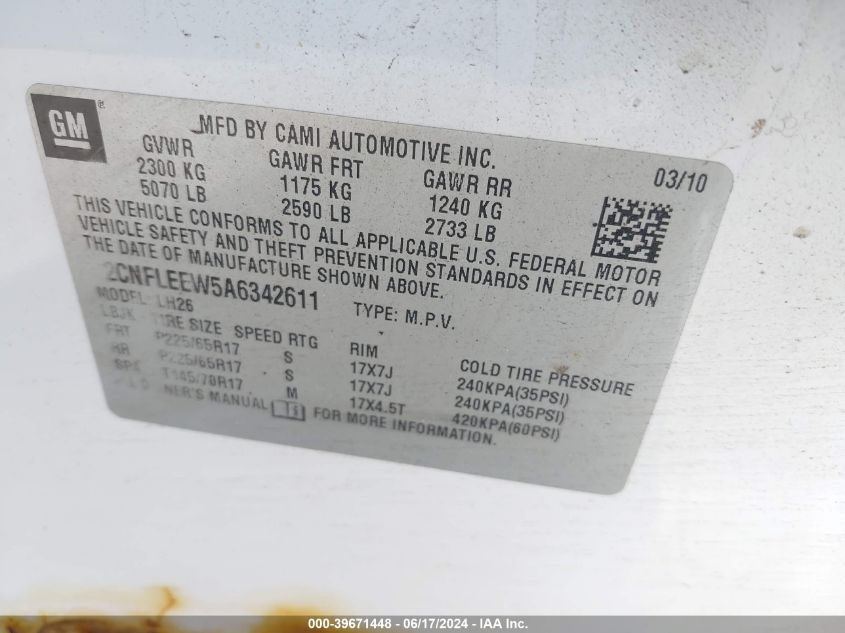 2010 Chevrolet Equinox Lt VIN: 2CNFLEEW5A6342611 Lot: 39671448