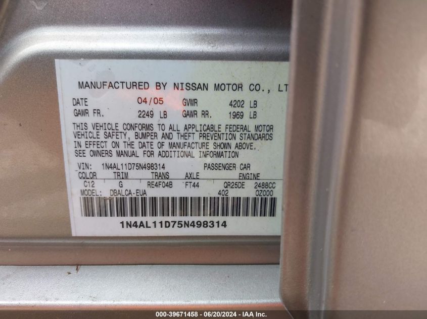 2005 Nissan Altima S/Sl VIN: 1N4AL11D75N498314 Lot: 39671458