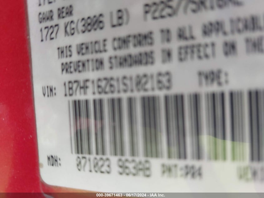 2001 Dodge Ram 1500 St VIN: 1B7HF16Z61S102163 Lot: 39671463