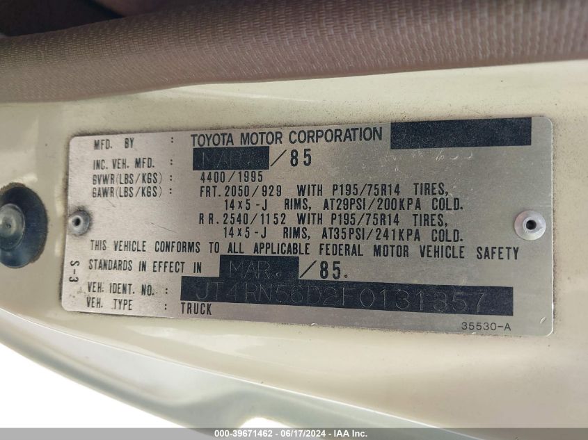 1985 Toyota Pickup Xtracab Rn56 Dlx VIN: JT4RN56D2F0131357 Lot: 39671462