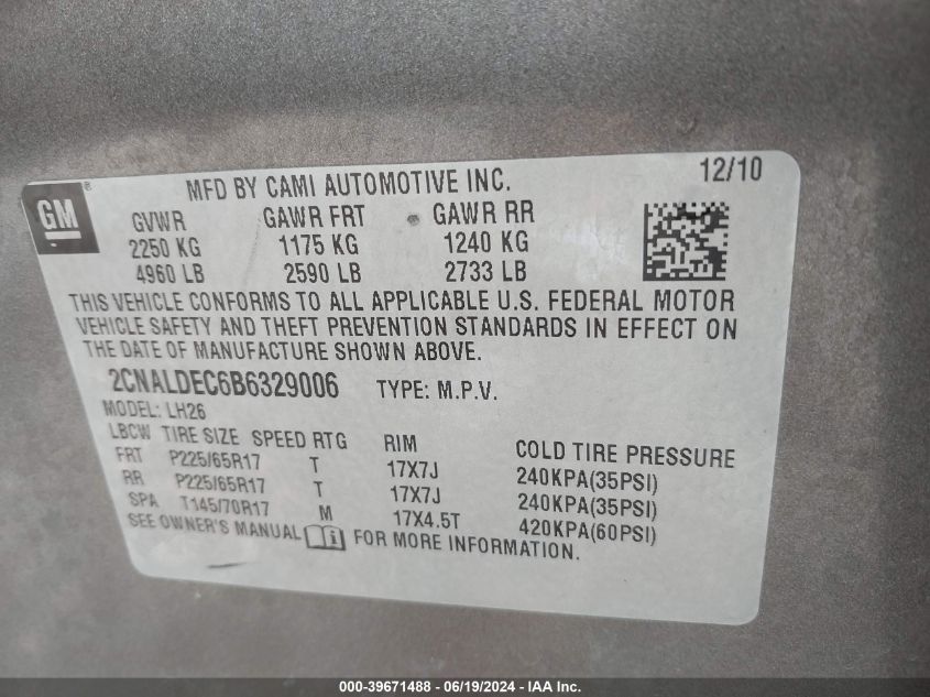 2011 Chevrolet Equinox 1Lt VIN: 2CNALDEC6B6329006 Lot: 39671488