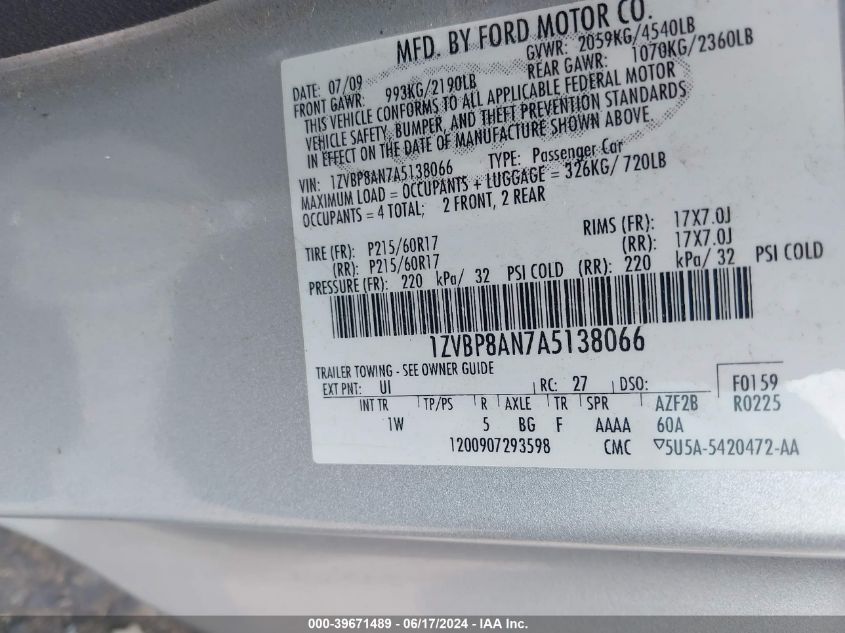 2010 Ford Mustang V6/V6 Premium VIN: 1ZVBP8AN7A5138066 Lot: 39671489