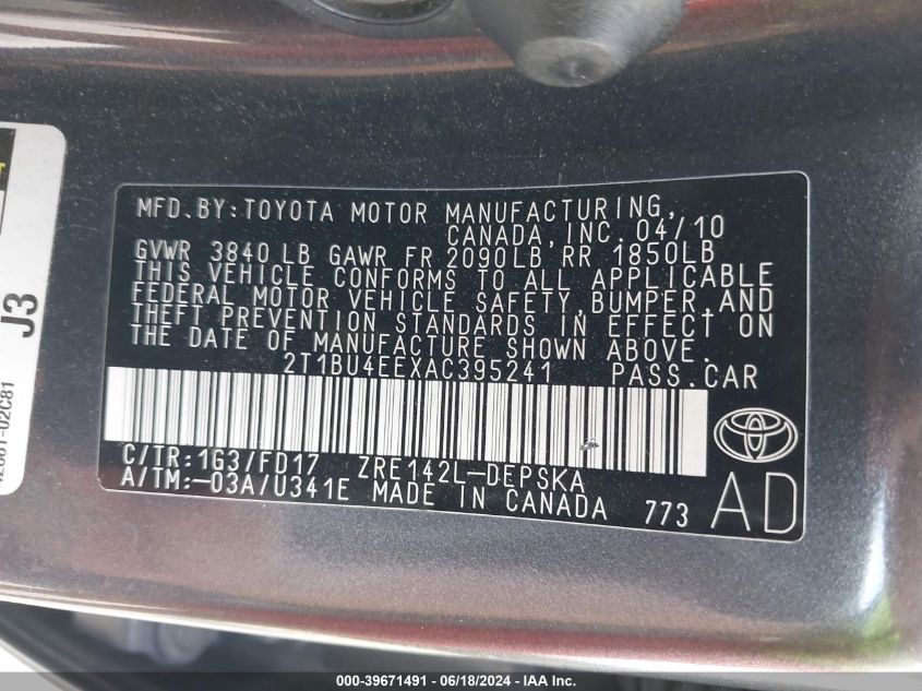 2010 Toyota Corolla S VIN: 2T1BU4EEXAC395241 Lot: 39671491