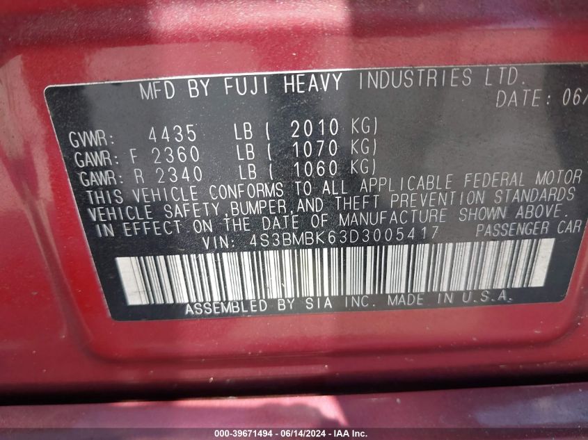 2013 Subaru Legacy 2.5I Limited VIN: 4S3BMBK63D3005417 Lot: 39671494