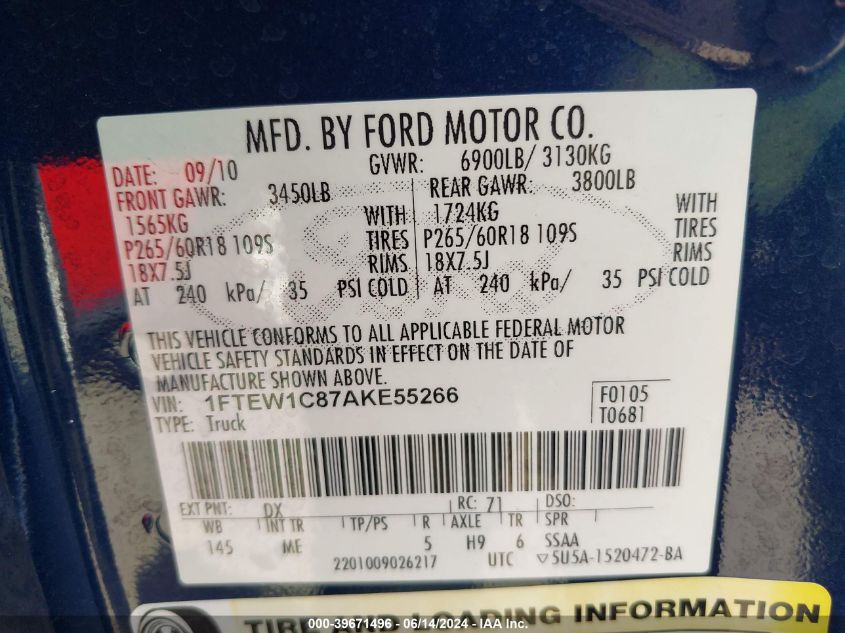 2010 Ford F-150 Fx2 Sport/Xl/Xlt VIN: 1FTEW1C87AKE55266 Lot: 39671496