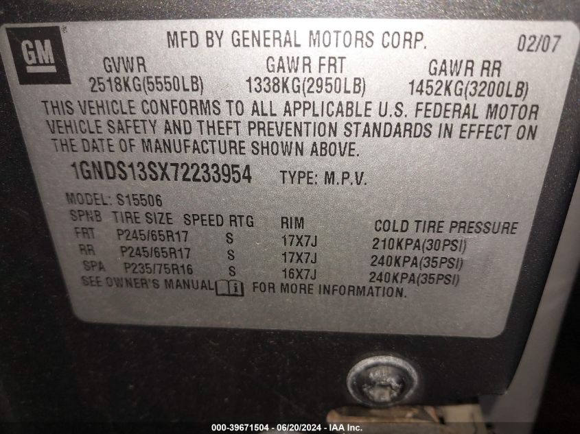 2007 Chevrolet Trailblazer Ls VIN: 1GNDS13SX72233954 Lot: 39671504