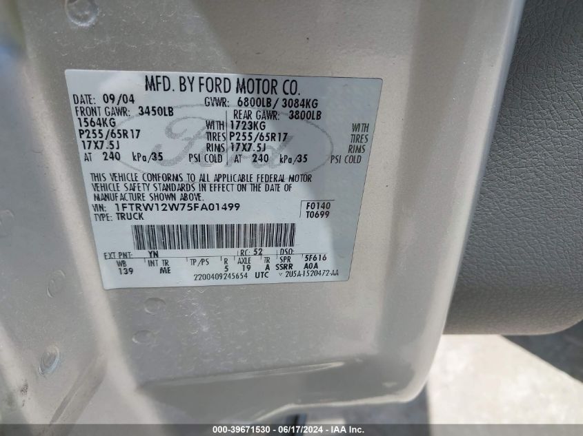 2005 Ford F-150 Xlt VIN: 1FTRW12W75FA01499 Lot: 39671530