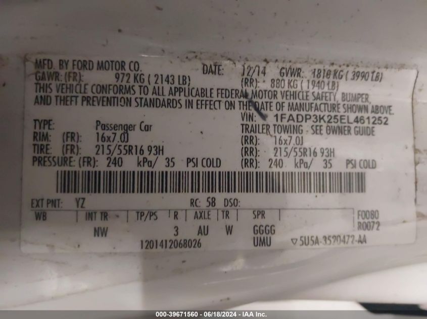 2014 Ford Focus Se VIN: 1FADP3K25EL461252 Lot: 39671560