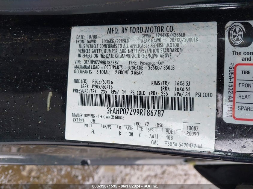 2009 Ford Fusion Se VIN: 3FAHP07Z99R186787 Lot: 39671595