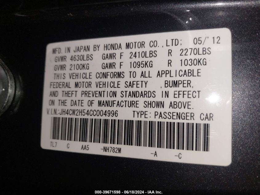 2012 Acura Tsx VIN: JH4CW2H54CC004996 Lot: 39671598