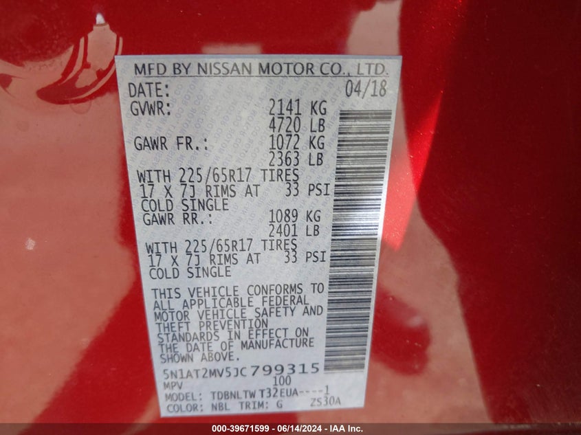 2018 Nissan Rogue Sv VIN: 5N1AT2MV5JC799315 Lot: 39671599