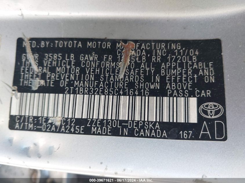 2005 Toyota Corolla S VIN: 2T1BR32E85C416416 Lot: 39671621