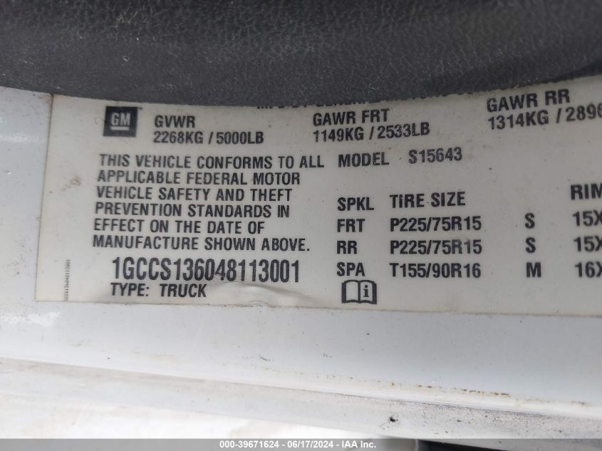 2004 Chevrolet Colorado Ls VIN: 1GCCS136048113001 Lot: 39671624