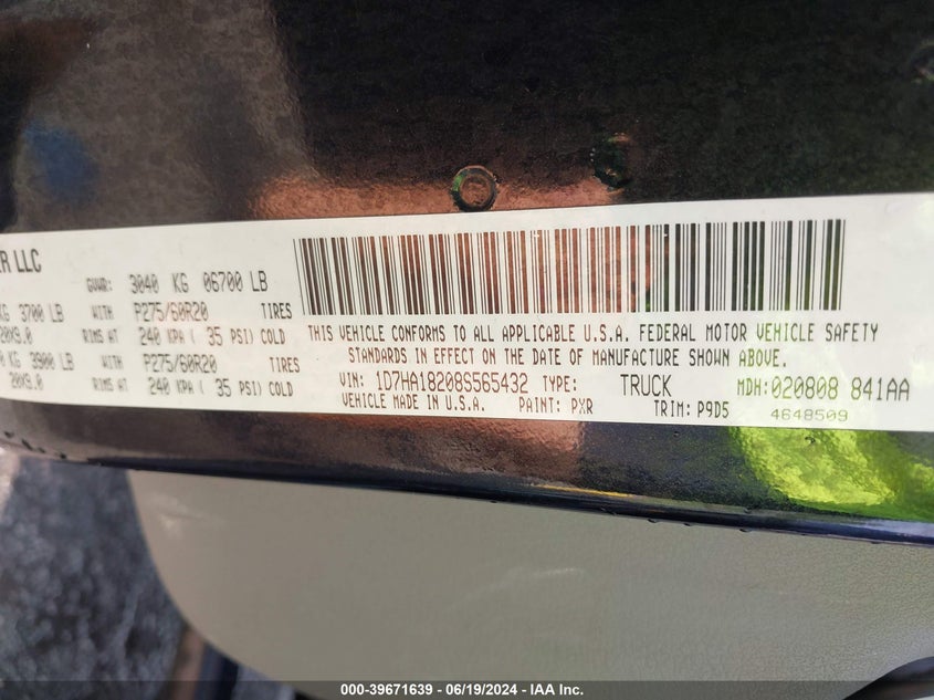 2008 Dodge Ram 1500 Slt VIN: 1D7HA18208S565432 Lot: 39671639