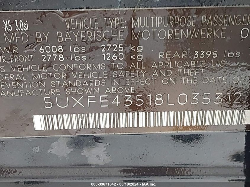 2008 BMW X5 3.0Si VIN: 5UXFE43518L035312 Lot: 39671642