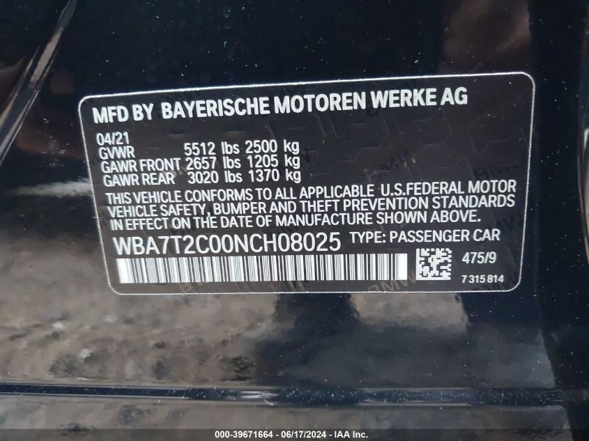 2022 BMW 740 I VIN: WBA7T2C00NCH08025 Lot: 39671664