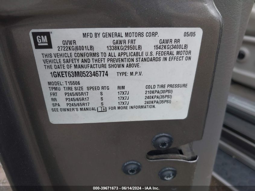 2005 GMC Envoy Denali VIN: 1GKET63M052346774 Lot: 39671673