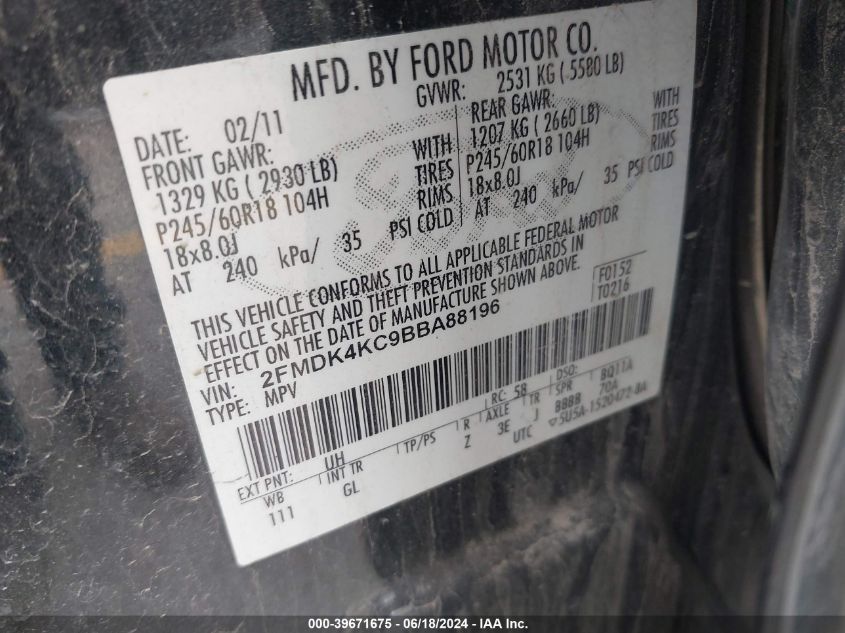 2011 Ford Edge Limited VIN: 2FMDK4KC9BBA88196 Lot: 39671675