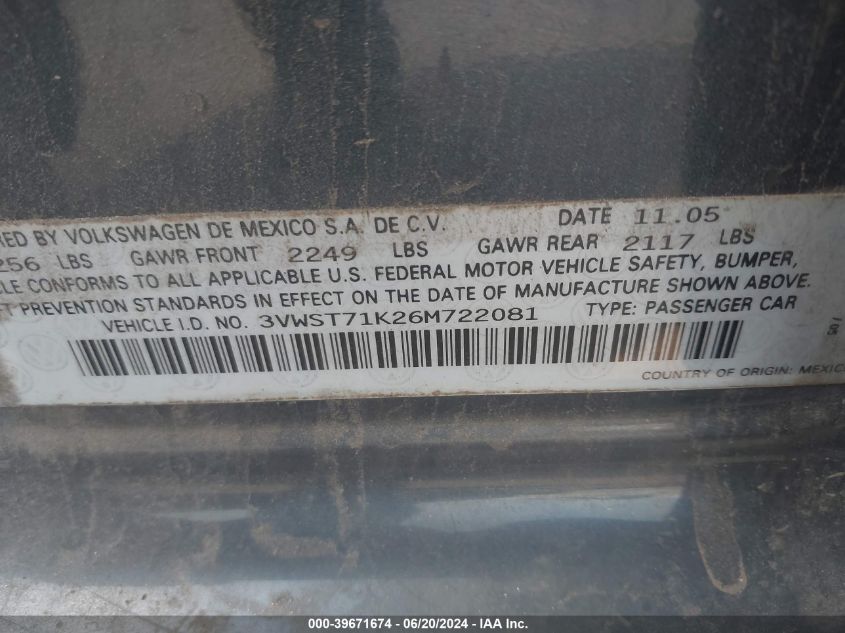 2006 Volkswagen Jetta Tdi Option Package 1 VIN: 3VWST71K26M722081 Lot: 39671674