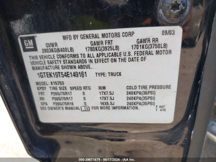 2004 GMC Sierra 1500 Sle VIN: 1GTEK19T54E149161 Lot: 39671679