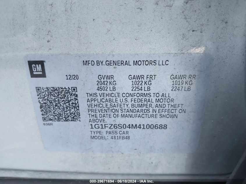 1G1FZ6S04M4100688 2021 Chevrolet Bolt Ev Fwd Premier