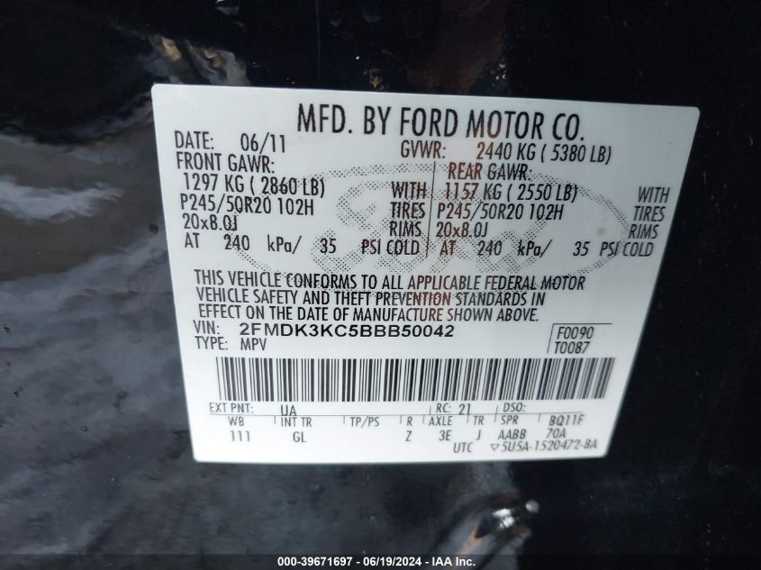 2011 Ford Edge Limited VIN: 2FMDK3KC5BBB50042 Lot: 39671697