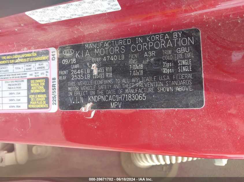 2017 Kia Sportage Ex VIN: KNDPNCAC1H7183065 Lot: 39671702