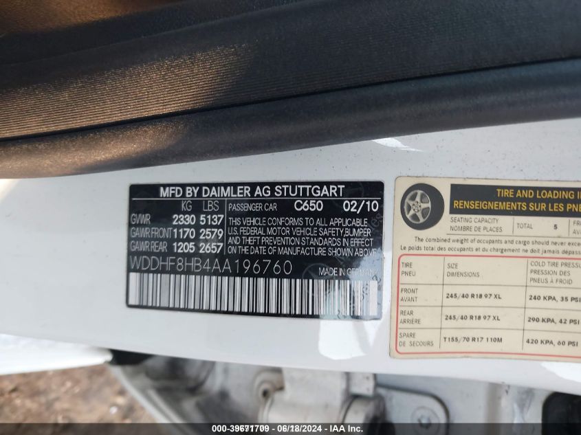 2010 Mercedes-Benz E 350 4Matic VIN: WDDHF8HB4AA196760 Lot: 39671709