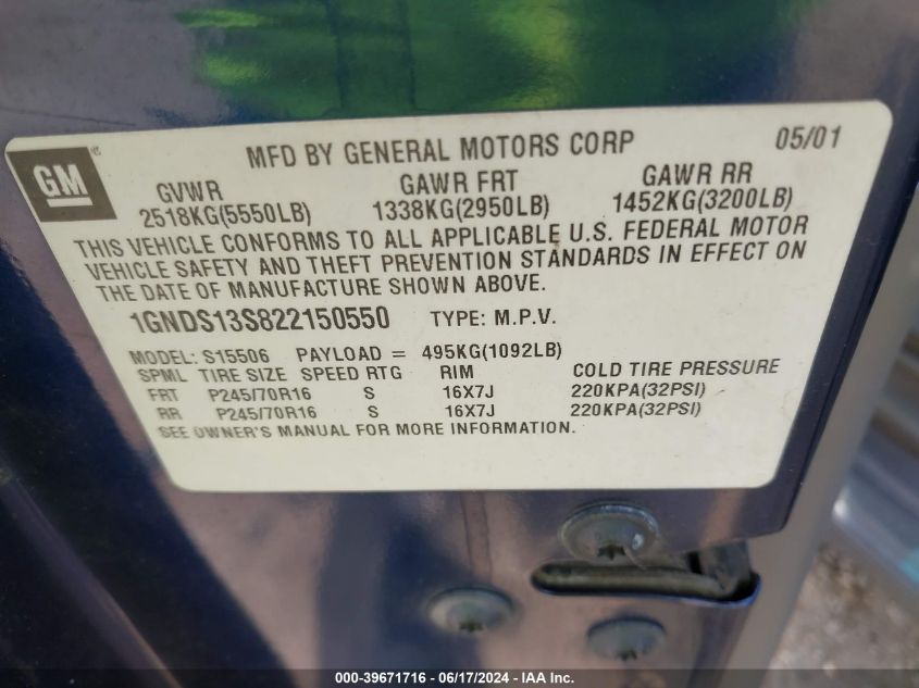 2002 Chevrolet Trailblazer Lt VIN: 1GNDS13S822150550 Lot: 39671716