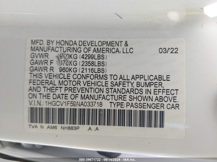 2022 Honda Accord Ex-L VIN: 1HGCV1F59NA033718 Lot: 39671722