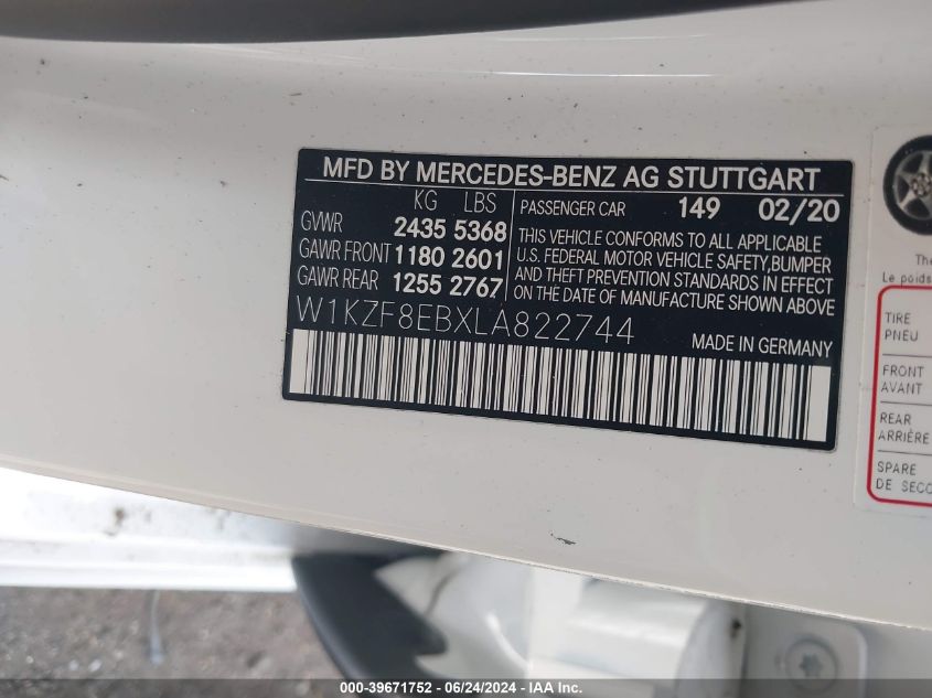 W1KZF8EBXLA822744 2020 Mercedes-Benz E 350 4Matic