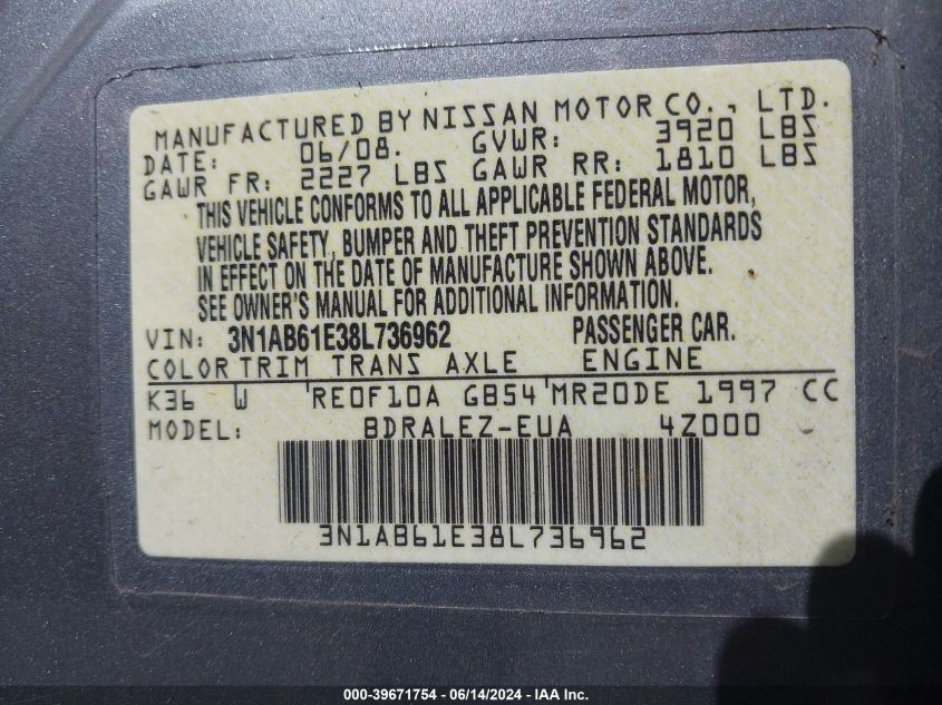 2008 Nissan Sentra 2.0S VIN: 3N1AB61E38L736962 Lot: 39671754