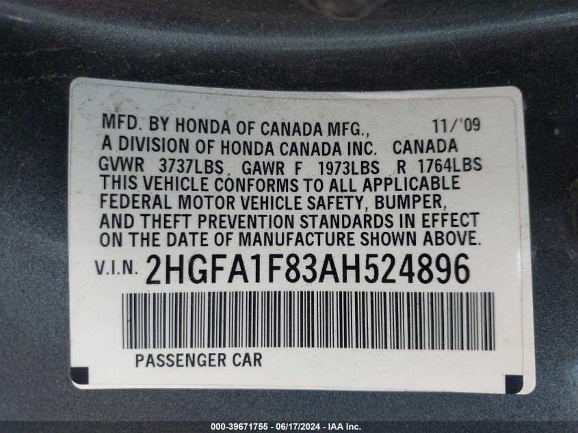 2010 Honda Civic Ex VIN: 2HGFA1F83AH524896 Lot: 39671755