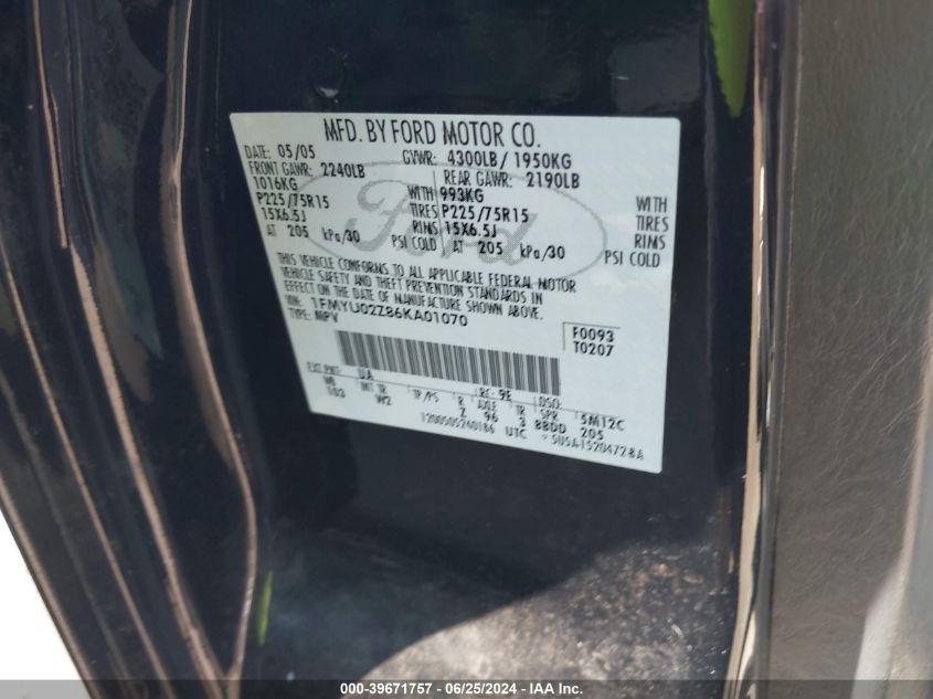 2006 Ford Escape Xls VIN: 1FMYU02Z86KA01070 Lot: 39671757