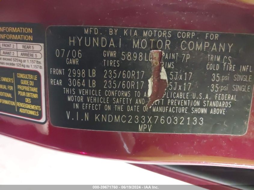 2007 Hyundai Entourage Gls/Limited/Se VIN: KNDMC233X76032133 Lot: 39671760