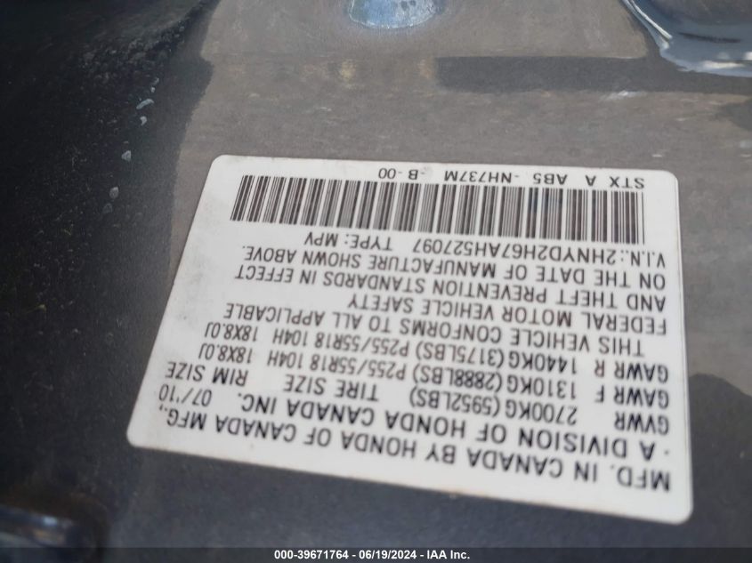 2010 Acura Mdx Technology Package VIN: 2HNYD2H67AH527097 Lot: 39671764