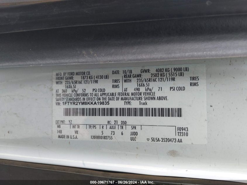2019 Ford Transit T-250 VIN: 1FTYR2YM8KKA19835 Lot: 39671767