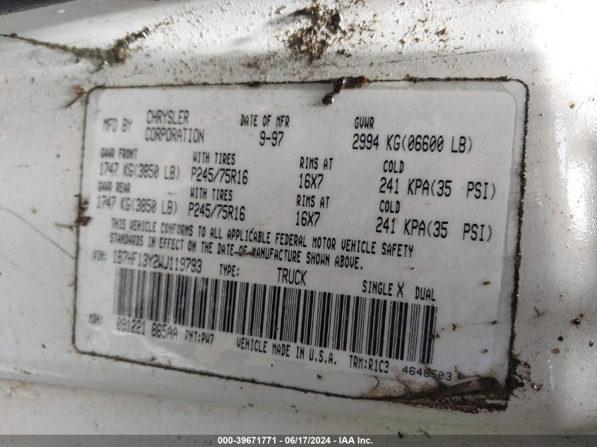 1998 Dodge Ram 1500 St VIN: 1B7HF13Y2WJ119793 Lot: 39671771