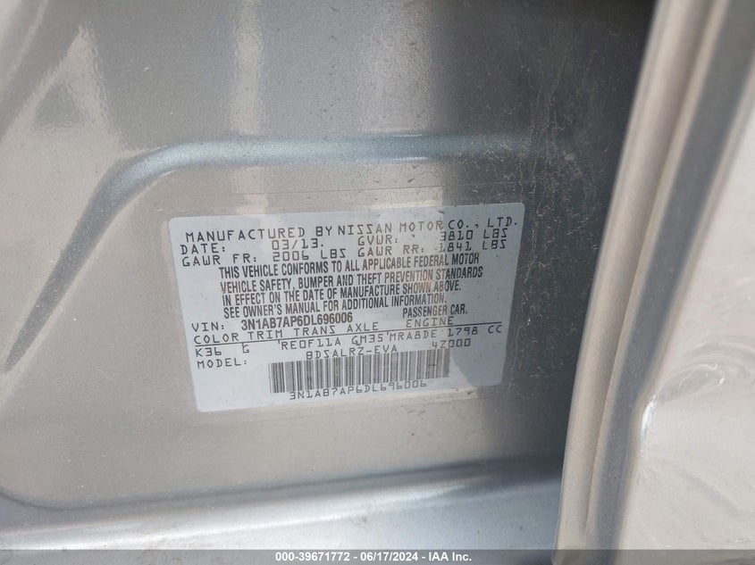 2013 Nissan Sentra Sr VIN: 3N1AB7AP6DL696006 Lot: 39671772